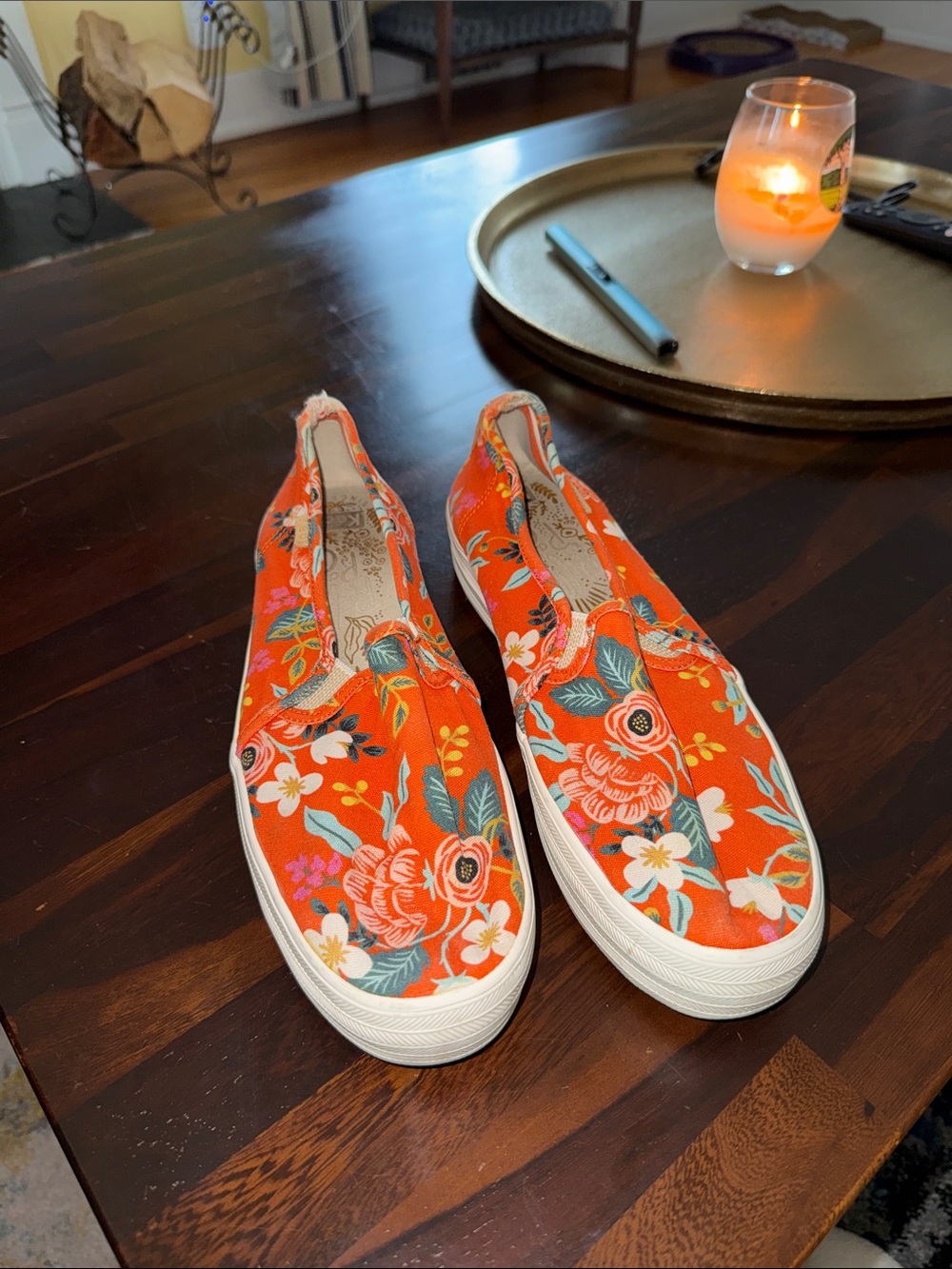 Keds Orange Floral Slip-On Sneakers